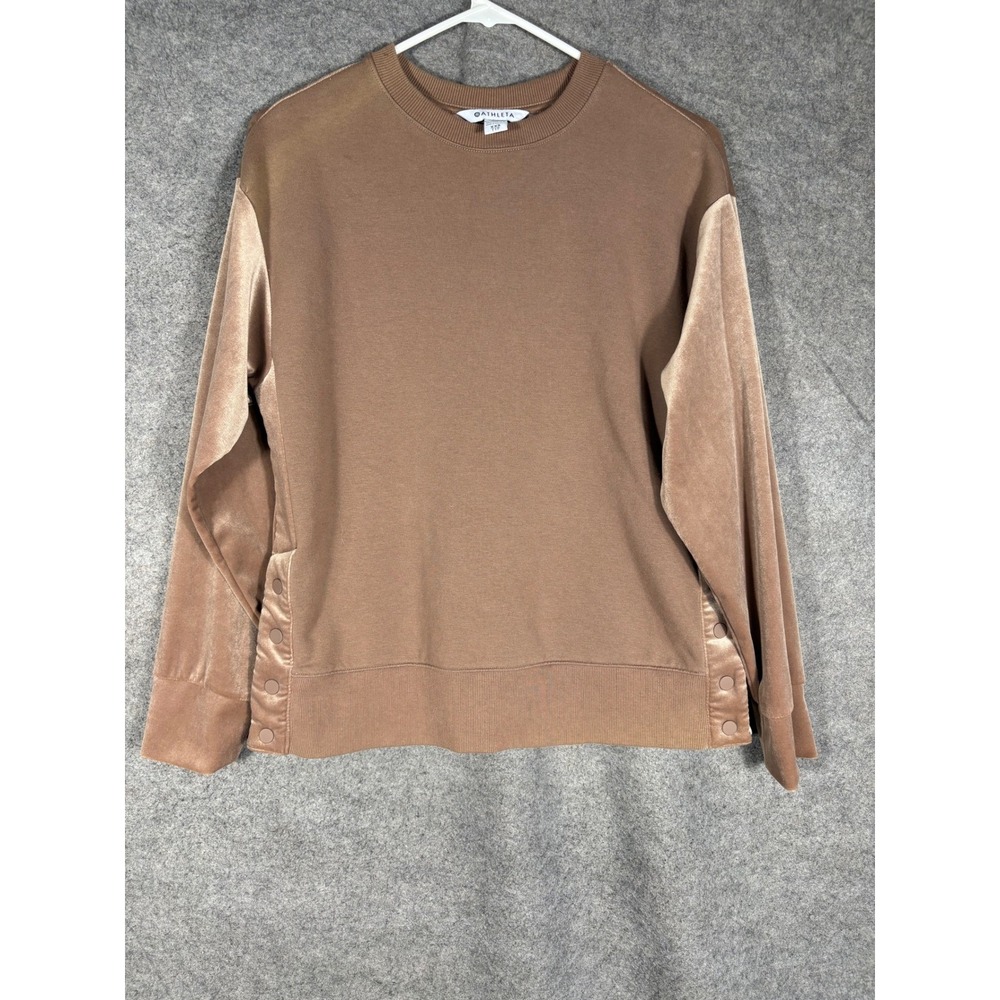 Athleta‎ Mixed Media Velvet Sleeve Snap Side Sweatshirt Brown HO22 466916 XXS